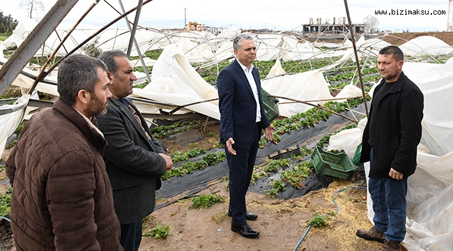 Hortumun vurduğu seraları inceledi