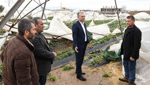 Hortumun vurduğu seraları inceledi