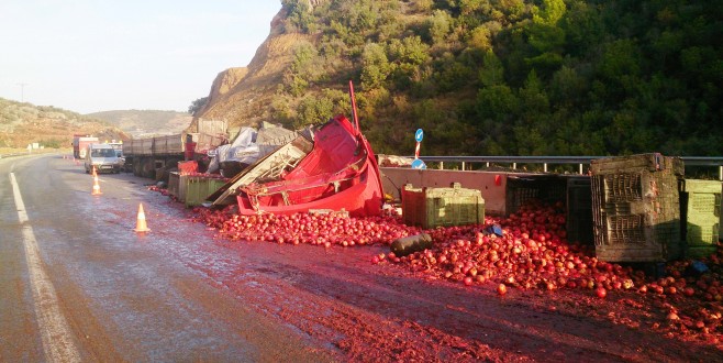 DEVRİLEN TIR’DAKİ 20 TON NAR YOLA SAÇILDI